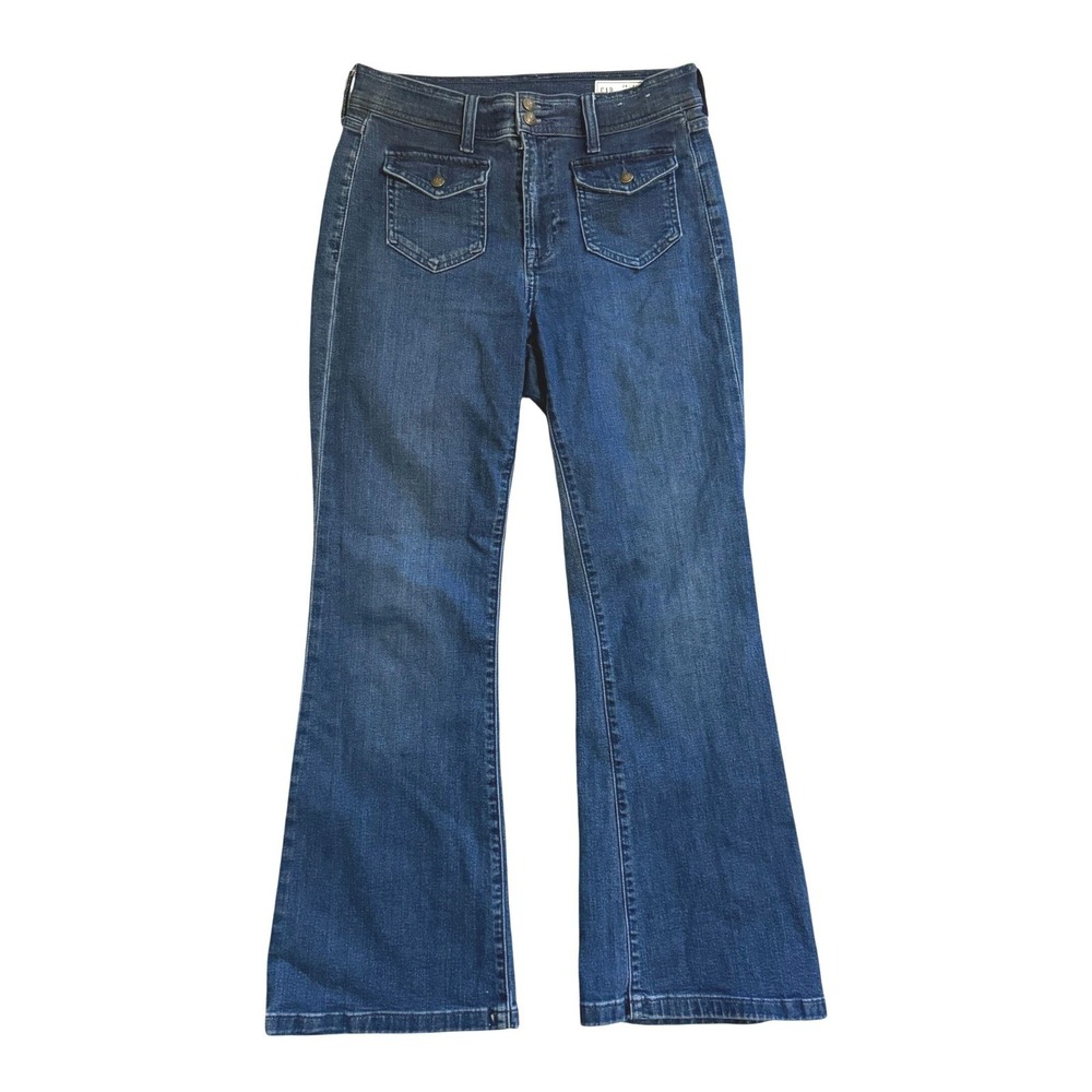 Gap 70s Flare High‎ Rise Jeans Womens 29 8P Dark Wash Front Flap Pocket Petite